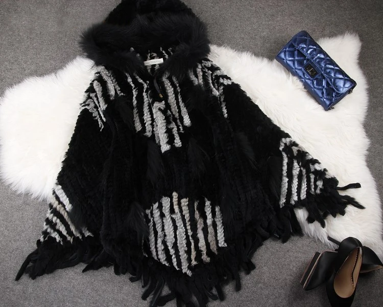 Discount 2014  Real Rabbit Fur Knitted Shawl With Hood  Raccoon Fur Poncho Fur Cape  BE1438 EMS Free Shipping 1