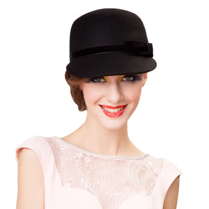 FS, австралийские черные шерстяные фетровые женские шляпы с широкими полями, женские шляпы-Котелки с бантом, Кентукки, Дерби, церковные шляпы, женские шляпы - Цвет: Черный