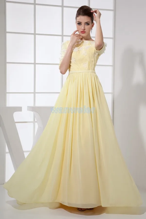 

free shipping 2013 hot sale long beach formal muslim dress evening gowns custom made size/color half sleeve yellow evening dress