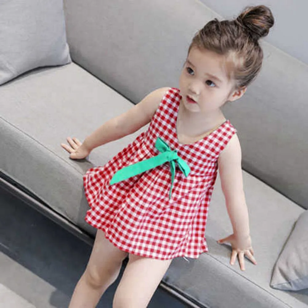 Toddler Girls Princess Dress Kids Baby Party Wedding Sleeveless Plaid