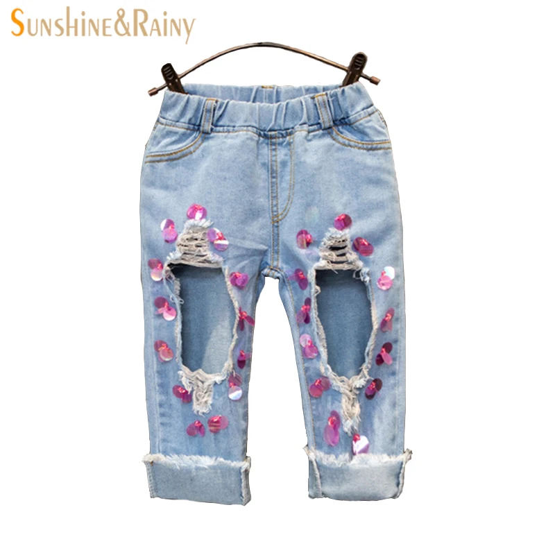 fashion jeans for girls blue Sequins ripped jeans for kids spring
