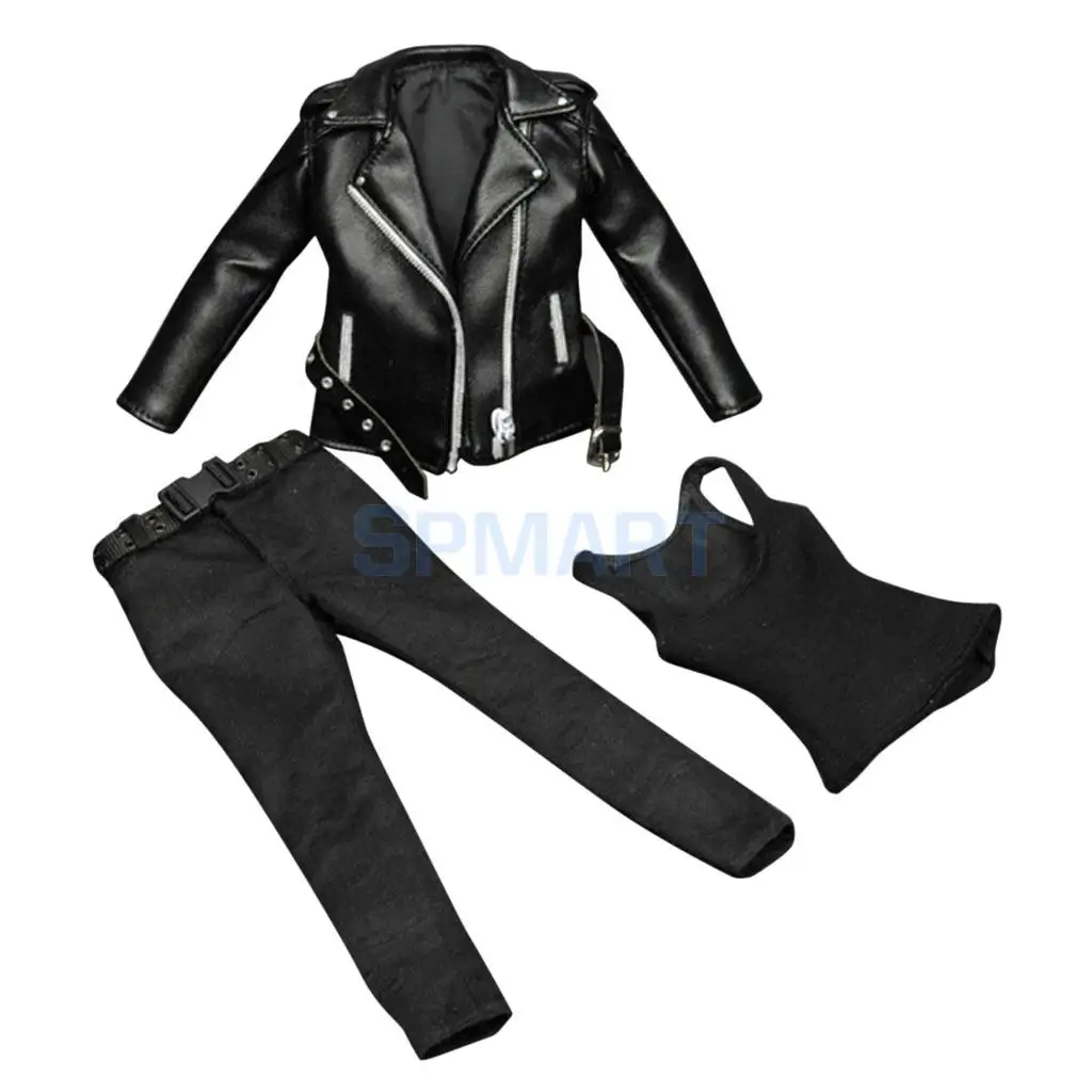 

1/6 Dolls Accessories Female Clothes Black Pants Vest PU Leather Jacket