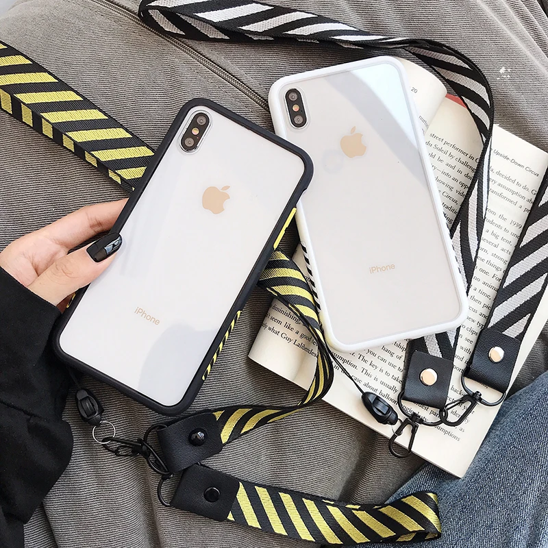 

Hot off ow stripes Transparent 2in1 cover case for iphone 6 S 7 7plus 8 8plus X 10 XR XS MAX white Lanyard crossing phone coque