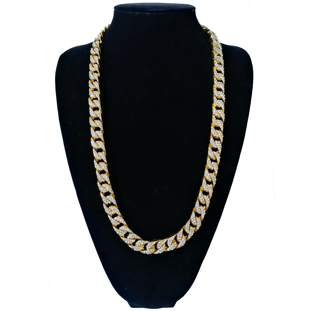 Стразы в стиле хип-хоп, золотое, серебряное покрытие, ожерелье s для мужчин, кубинские звенья, цепочка, длинное ожерелье, браслеты, ювелирное изделие, 13 мм