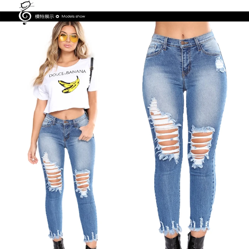 Pantalones vaqueros de cintura alta elástica, jeans de nuevo a la moda, con agujeros, 2018 - AliExpress Ropa de mujer