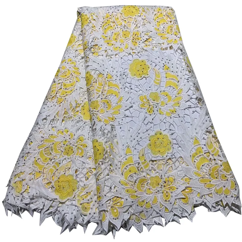 

Free shipping (5yards/pc) yellow and white African heavy guipure lace fabric fashion big cord lace fabric with stones FLA33