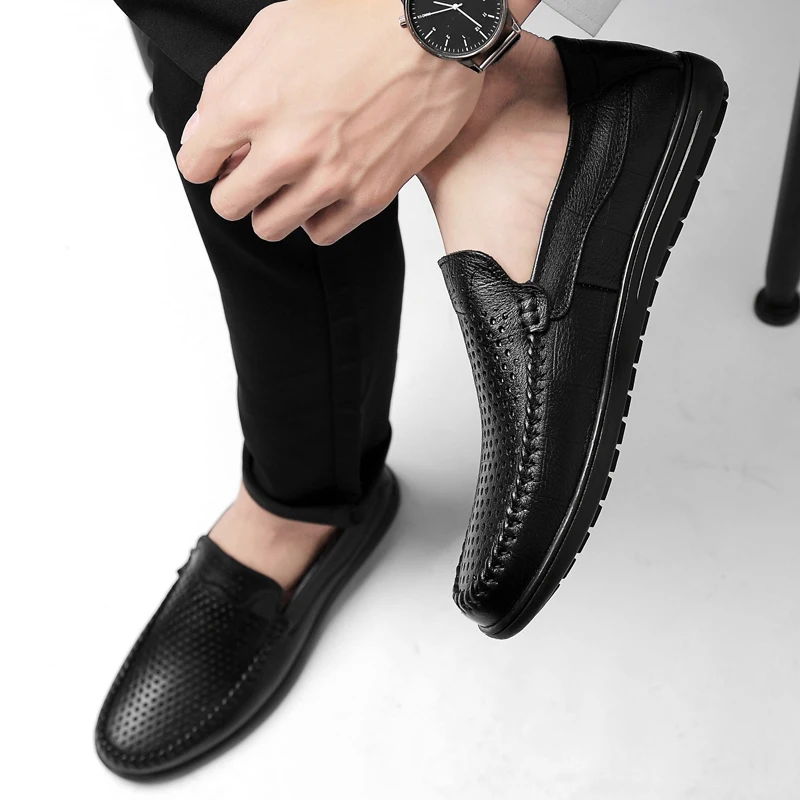 

Italian Men Shoes Casual Luxury Brand Men Loafers Genuine Leather hollow breathable Moccasins Breathable Slip on Boat Shoes men