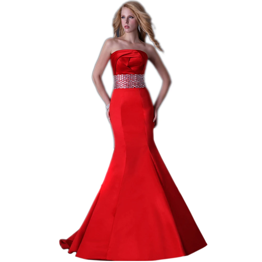 Free Shipping Cheap Satin Red Long Mermaid Wedding Dress