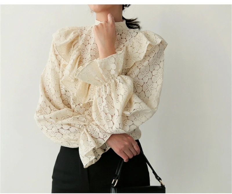 RUGOD Весенняя элегантная кружевная блузка с воланом, Женские топы и блузки, полувысокий воротник, расклешенный рукав, ажурный кружевной топ, женская блуза