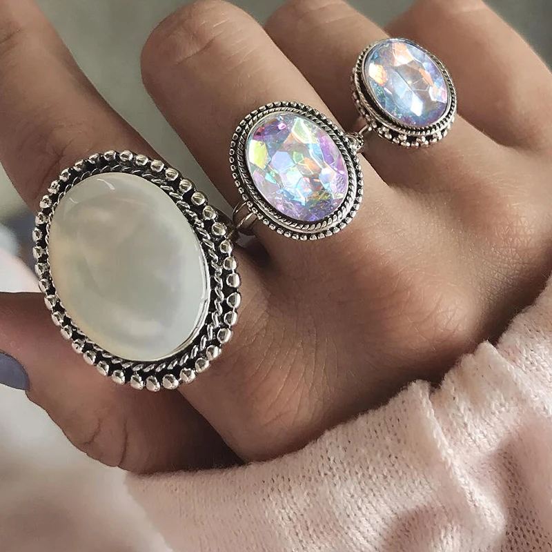 

Vintage Bohemia Opal Stone Rhinestone Ring Set Big Oval Round Statement Ladies Rings Luxury Geometric Wedding Fashion Jewelry