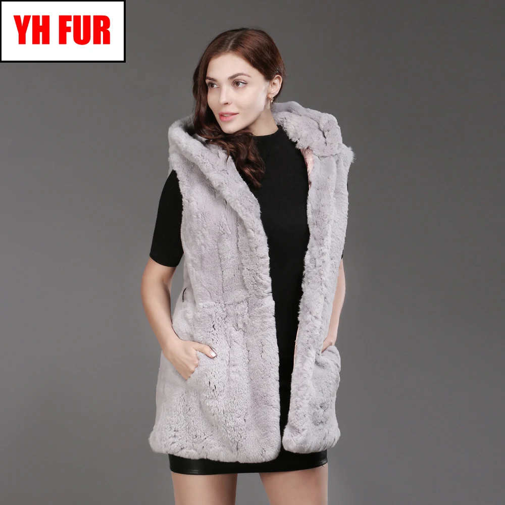 

Good Quality Winter Women Real Rex Rabbit Fur Hooded Vest Warm Rex Rabbit Fur Gilet Long Style Rex Rabbit Fur Waistcoat Coat