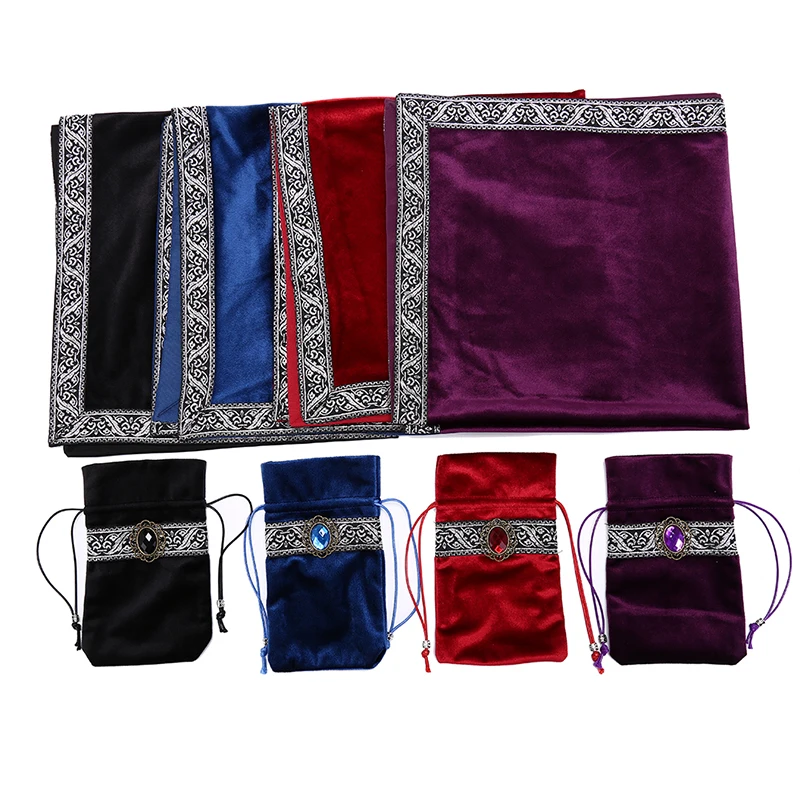 

2PCS/Lot Velvet Tarot Tablecloth With Bags Flocking Fabric Beautiful Stone Tarot Board Game Accessories By Hand