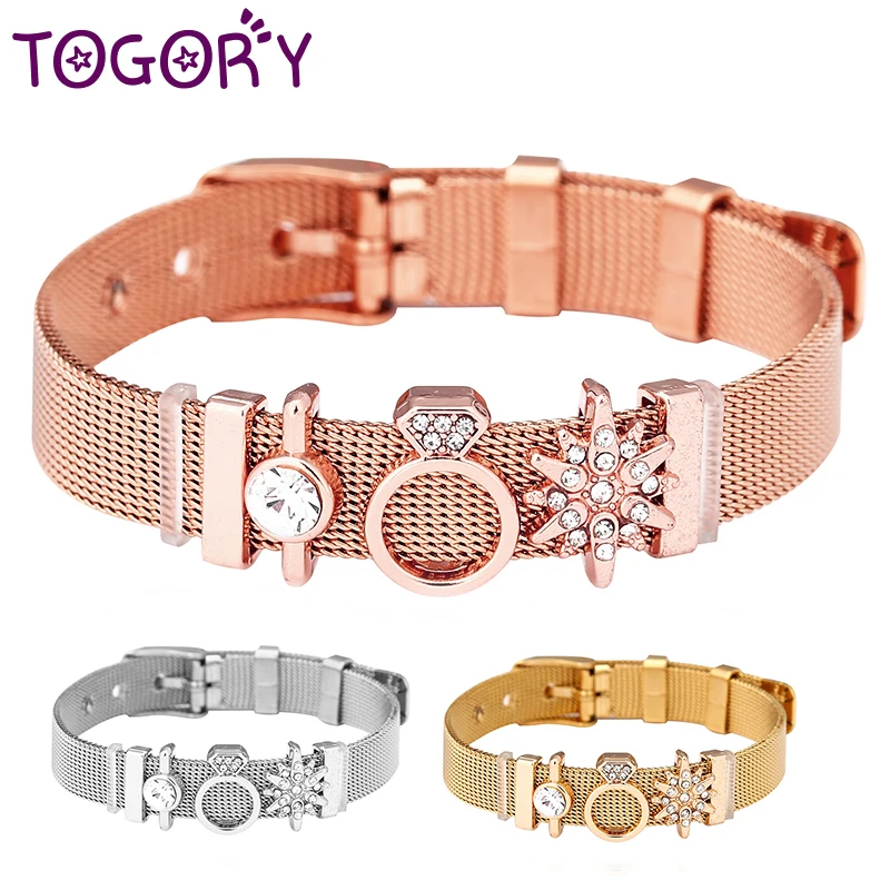 

TOGORY 2019 Hot Sale Silver Color 10mm Stainless Steel Mesh Bracelet Fits Charm Brand Bracelet For Women Party Jewelry Gift