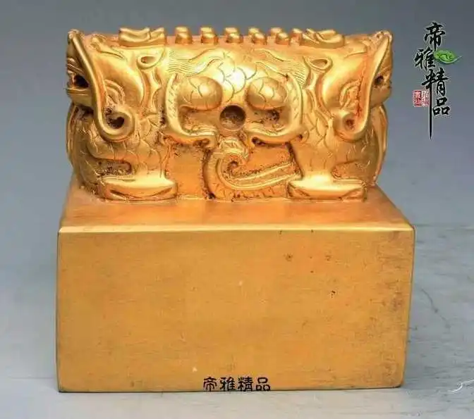

Chinese Bronze Copper 24K Gold Gild Foo Dog Dragon kylin Beast Stamp Seal