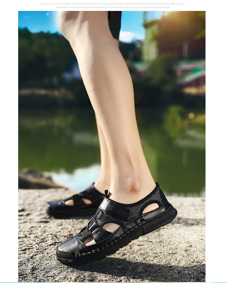 Merkmak/летние открытые мужские сандалии; кожаная дышащая обувь в римском стиле; Уличная Повседневная мужская обувь на плоской подошве; однотонная мягкая мужская пляжная обувь