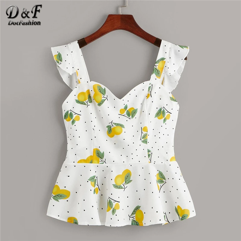 

Dotfashion White Polka Dot Lemon Print Ruffle Hem Cami Top For Women 2019 Summer Boho Clothing Vest Ladies Cute Straps Camisole