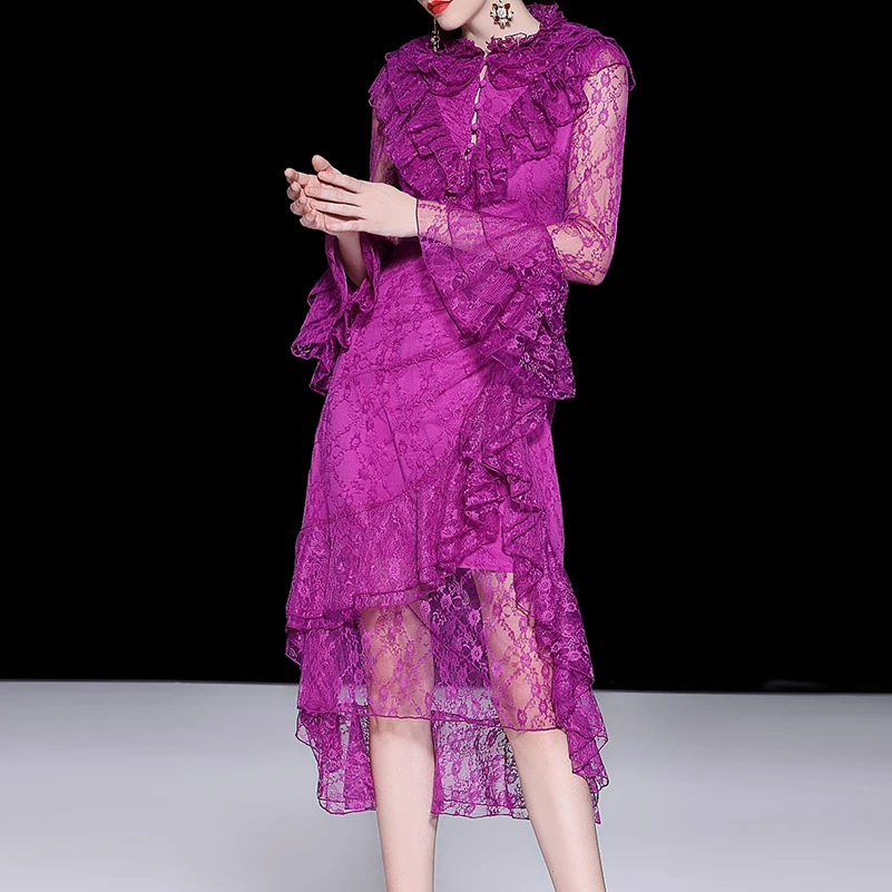 Gaine Printemps Qualité Mode Supérieure Vintage Longues 2019 Designer À Dentelle De En Manches Parti Pourpre Femmes Volants Robe Nouveau Pour cYdwf6dq