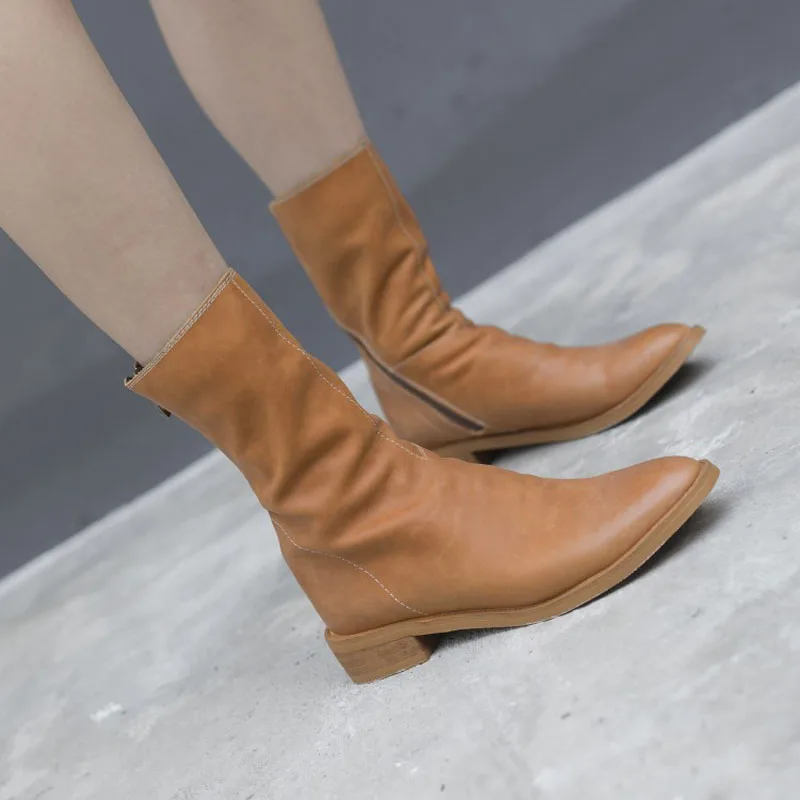 

Spring/Autumn Women Mid-Calf Boots Genuine Leather Solid Leisure Fashion Low Square Heels Shoes Zipper Boots Big Size 43