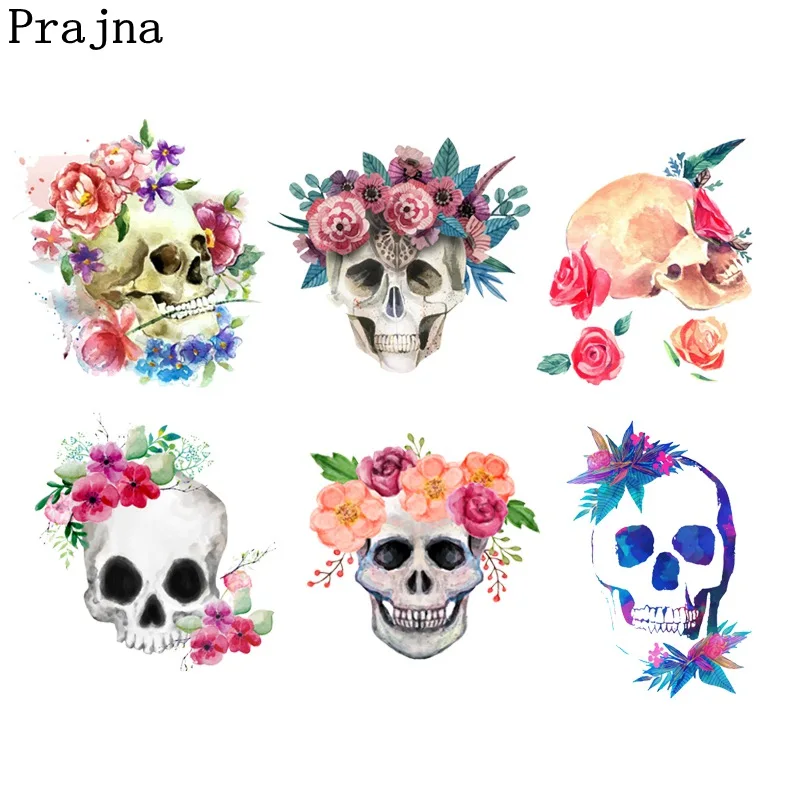 

Prajna Mexican Skull Heat Transfer Patches Flower Skull Thermal Transfer Hot Iron On Clothing Wholesale Printed Applique Decor