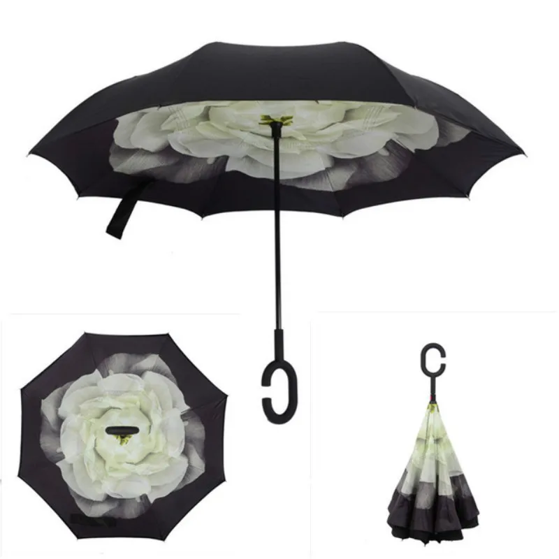 

1PCS Gardenia Folding Double Layer Inverted Umbrella Self Stand Inside Out Rain Protection Long C-Hook Hands For Car