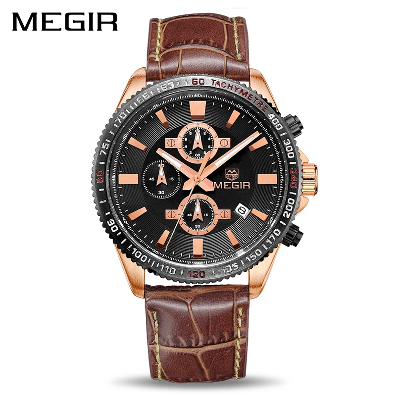 

MEGIR Men Business Watch Top Brand Luxury Quartz Watches Leather Chronograph Army Military Watch Clock Men Relogio Masculino
