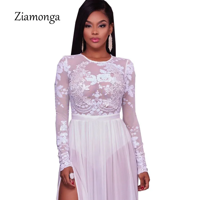 Ziamonga, сексуальный черно-белый сетчатый комбинезон с блестками, женский комбинезон с цветочным принтом и длинным рукавом; Клубная одежда, сетчатый комбинезон - Цвет: White