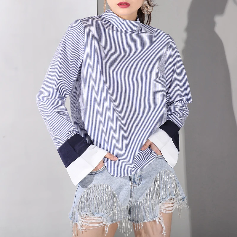 

LANMREM 2019 New Spring Summer Stand Collar Long Sleeve Blue Striped Printed Loose Temperament Shirt Women Blouse Fashion 4C0295