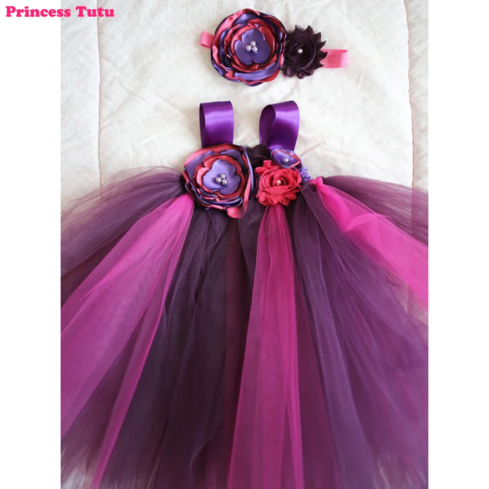 

Elegant Plum Satin Shabby Chic Flower Girl Tutu Dress Children Kids First Birthday Wedding Bridesmaid Photo Dresses and Headband