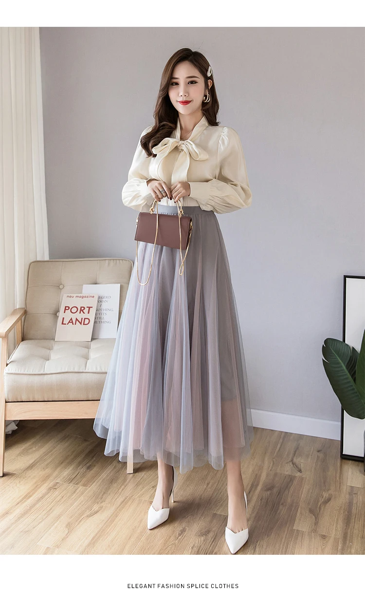 TingYiLi контрастная черная розовая Тюлевая юбка Корейская Элегантная Дамская Осенняя длинная юбка эластичная высокая талия удлиненная юбка-колокол Женская