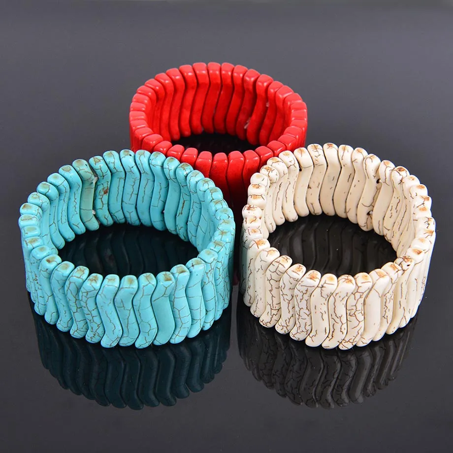 

White Red Blue Stretch Howlite Bracelet Wrist Wrapped Wide Bracelets Fingernail Shape Stones Bangles for Men Healing JewelryB029