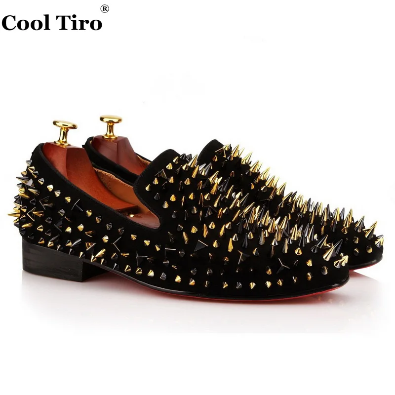 

COOL TIRO Black leather suede men Top Quality Red Bottom Fashion Tri-color nail Spikes Loafers Rivets Casual Dress Shoes Flats