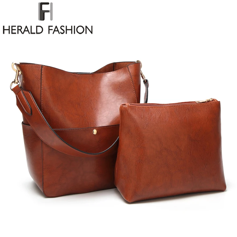

Herald Fashion New 2pcs Composite Bag Women Solid Leather Shoulder Bags Women's Casual Tote Bag Designer Female Bucket Handbags