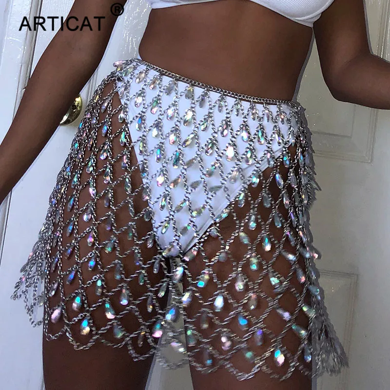 Articat металлическая блестящая кристальная Юбка со стразами Женская высокая талия открытая блестящая облегающая мини-юбка вечерние юбки для ночного клуба
