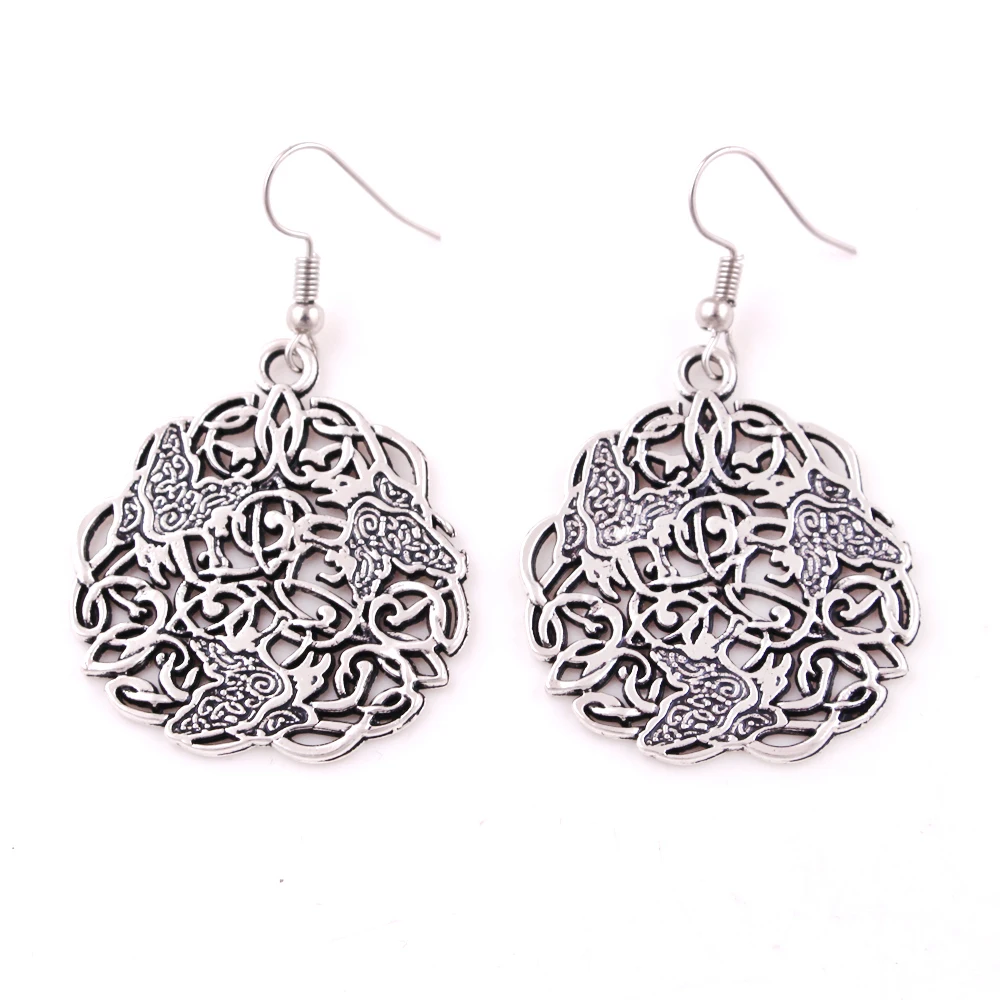 Women's Earrings Religions God Animal Three Ravens Crows Amulet Triskelion Silver Zinc Alloy