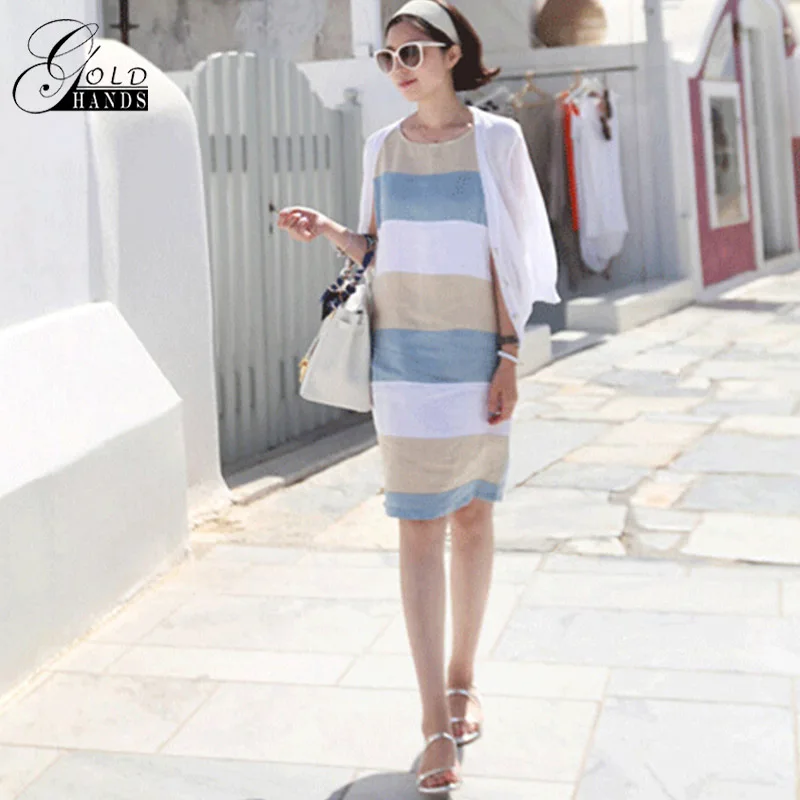 

Gold Hands Ms. Cotton Linen Striped Summer Dress Casual Sleeveless Dress Party Office Casual Women's Free Shipping Promotions