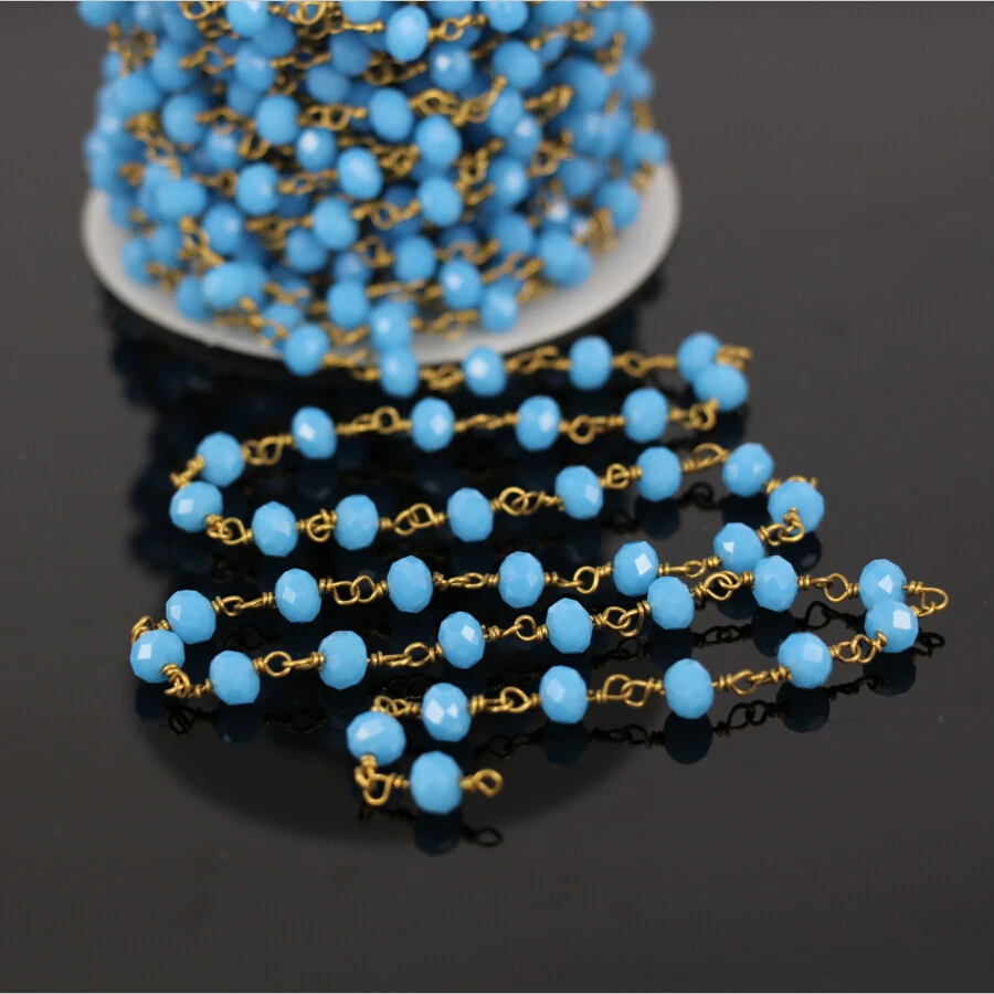 5Meter,Rhodium Plated Wire Wrapped Beaded Rosary Chains in Blue Faceted