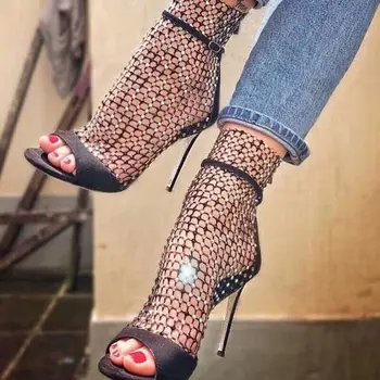 

Hot 2019 New Spring Mesh Lace Crystal Women Boots High Heels Gladiator Sandals Women Summer Ankle Boots Shoes Woman Botas Mujer