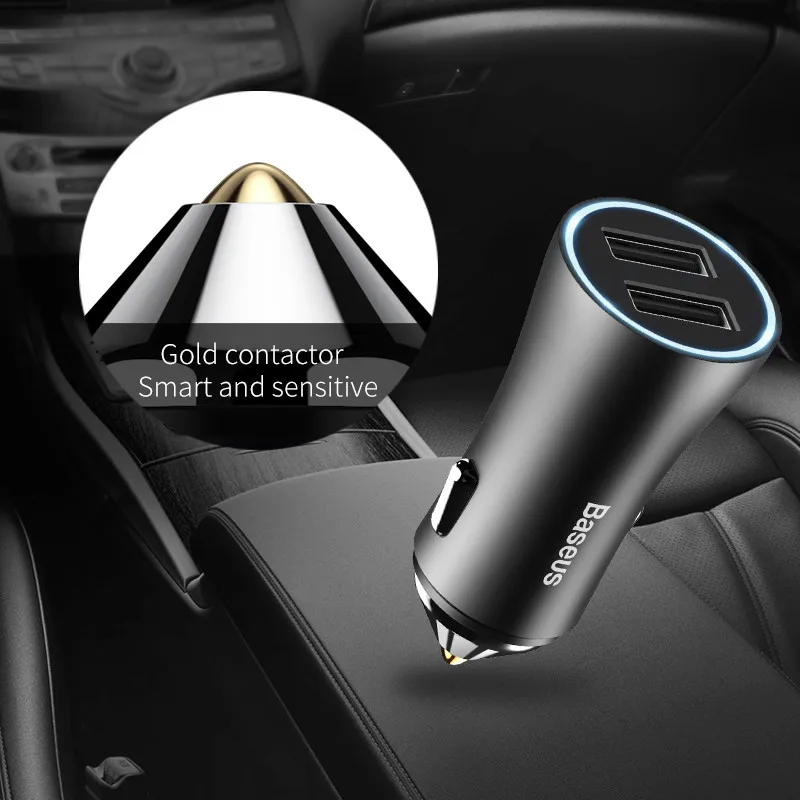 

Baseus Brand Dual Port USB Car Charger 2.4A Fast Charge Metal Mini USB CarCharger Smart Light Car Phone Charger For Mobile Phone