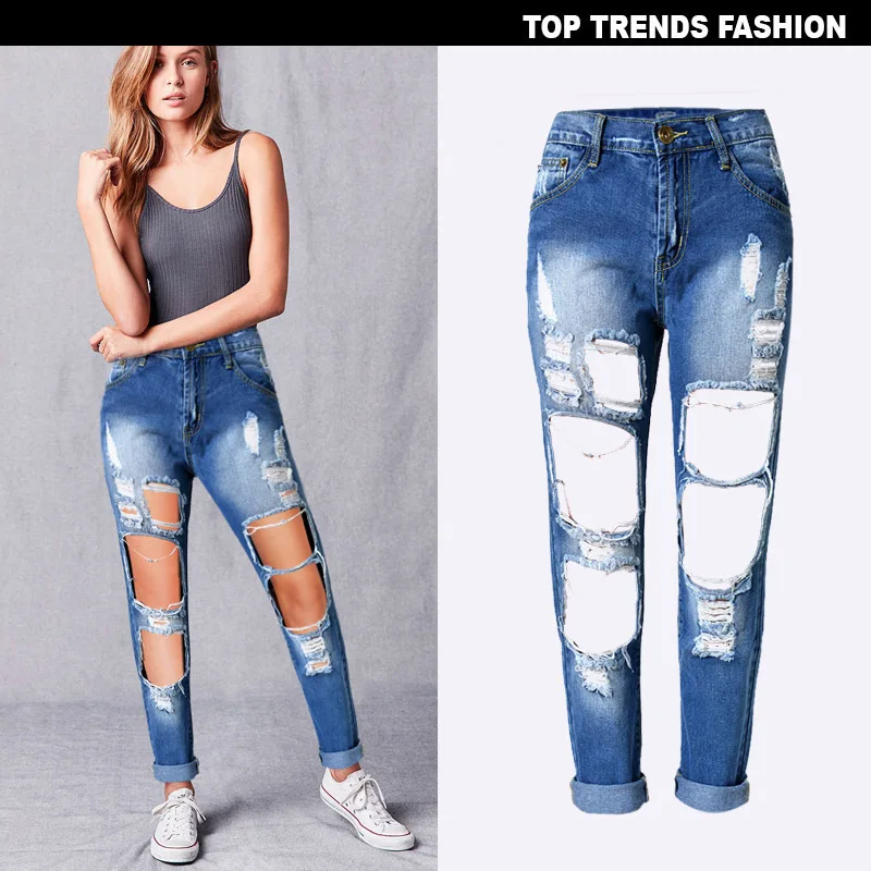 Zinwoco потертые джинсы уличный стиль рваные джинсы плюс размер женские сексуальные брюки джинсы рок крутые джинсовые винтажные прямые джинсы