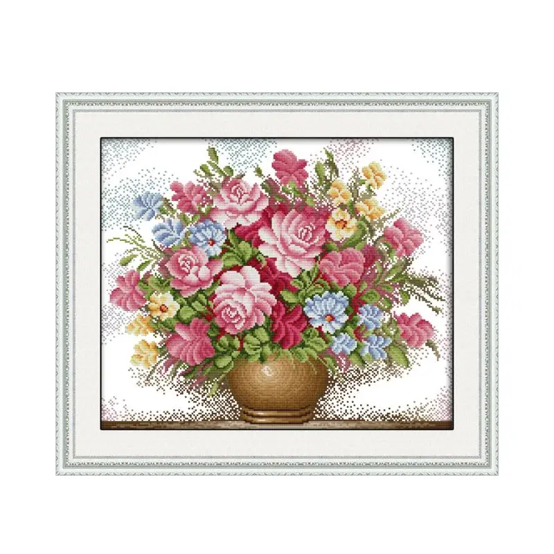

Plant Flower Series Cross Stitch Kit, Pink Rose Beautiful Vase Handmade DIY Chinese-style Sewing Decoration Embroidery