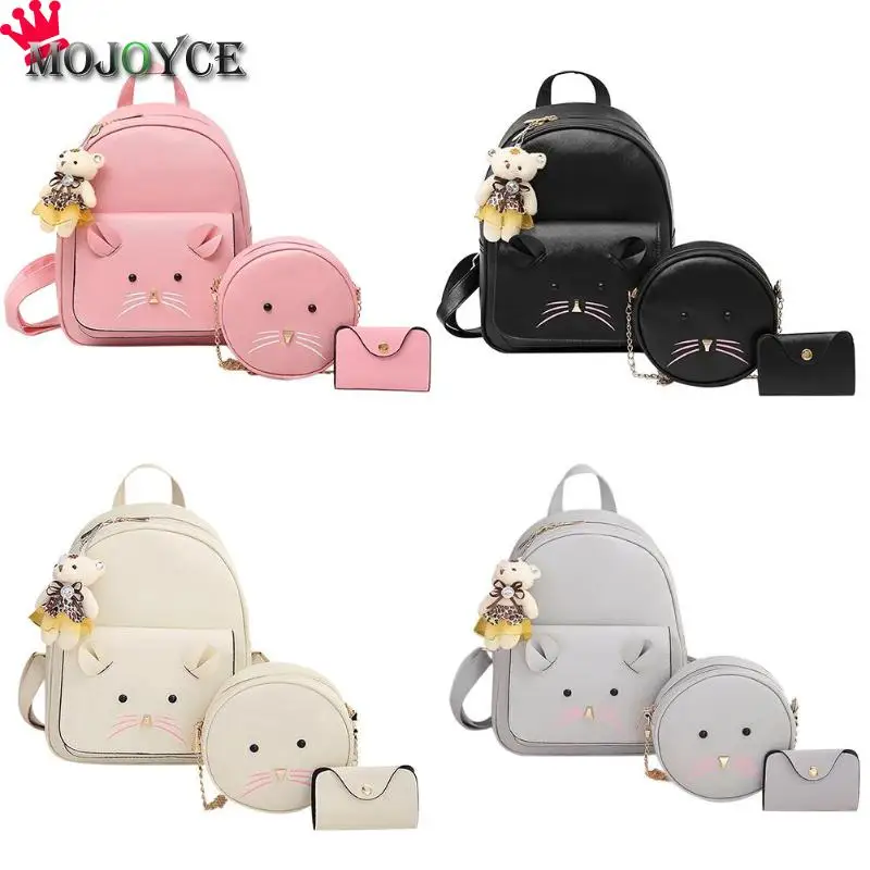 

2018 New Kitten Trio 3pcs Women Cute Mouse Backpack Girl PU Shoulder Card Composite Set Portable Big Capacity Student