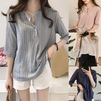 

New Fashion Women Button V-Neck 3/4 Sleeve Stripe Print Loose Plus Size Blouse Shirt