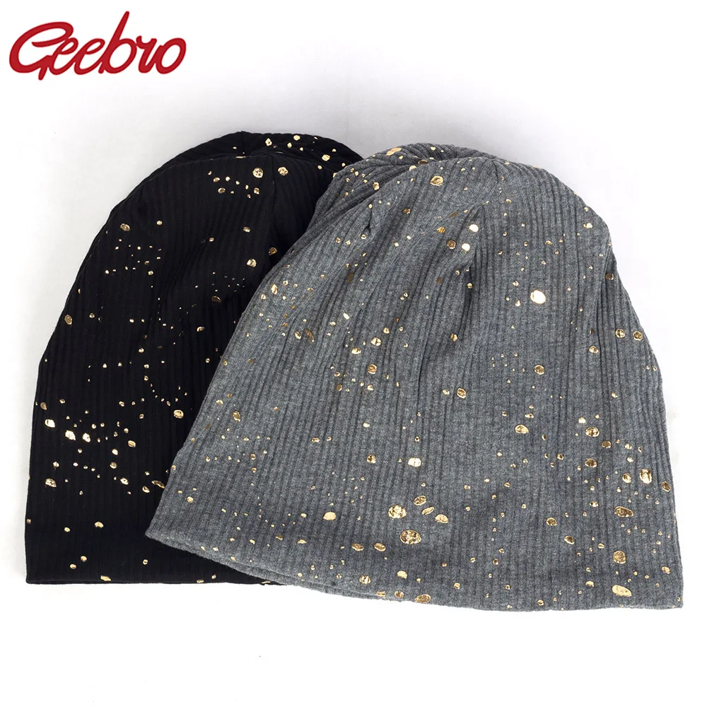 Geebro Women's Fashion Splatter Paint Ribbed Beanie Hat Metallic Color Cotton Beanies for Femme Slouchy Black Bronzing Skullies 1