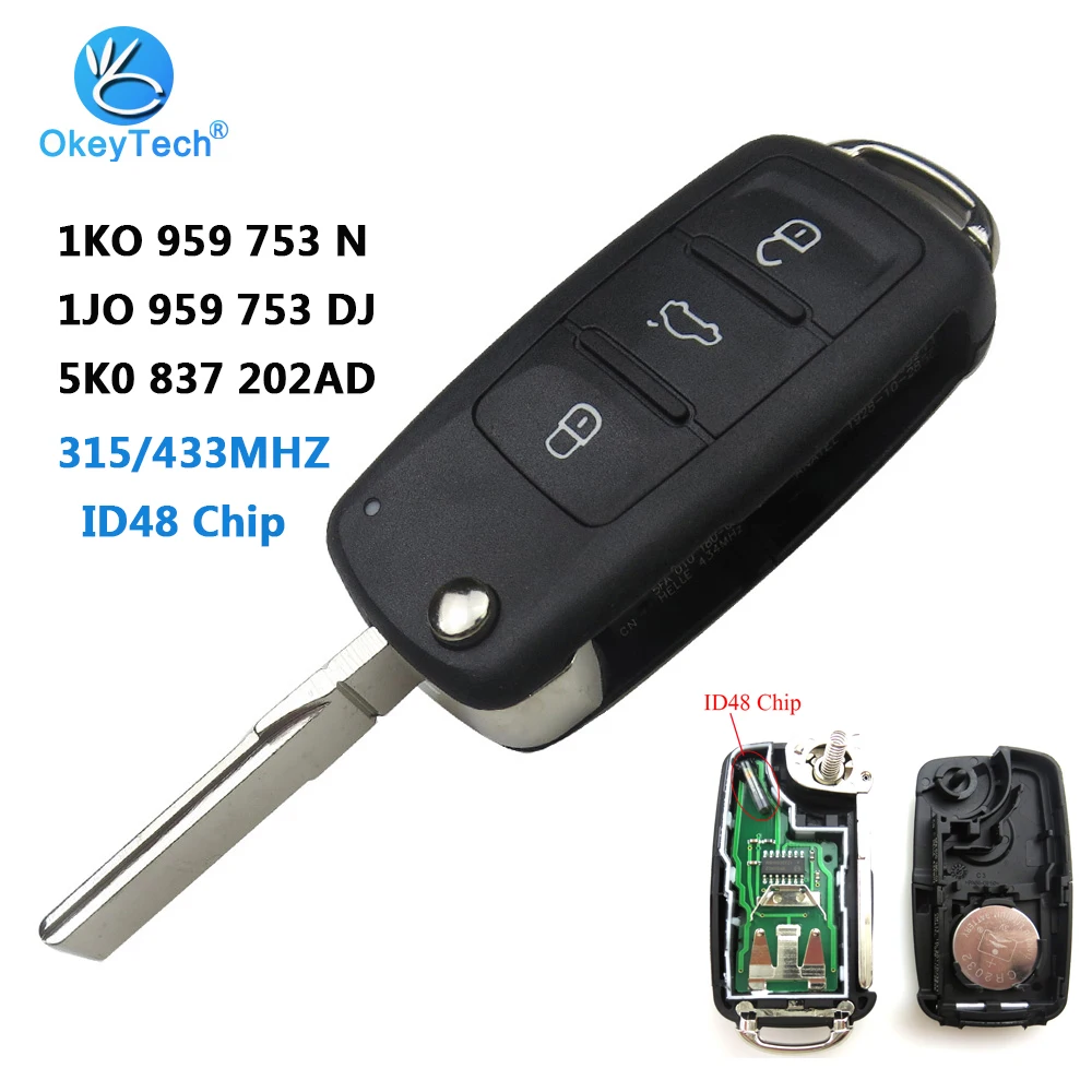 Ключ дистанционного управления OkeyTech 5K0 837 202AD 1JO 959 753 DJ 1KO 315 N 433 МГц с чипом ID48 для