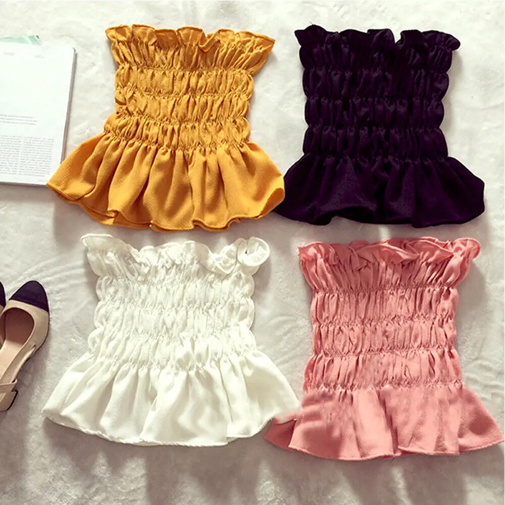 Women Casual Summer Sleeveless Tube Tops Solid Ruffles Fold Off Shoulder Crop Tops Strapless Tube Tops for Girls Woman Ladies