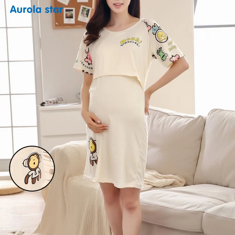 Пижамы для кормящих грудью Материнство платье для беременных пижамы Медведь Грудное вскармливание для беременных женщин милый мультфильм печати платья