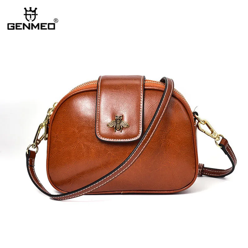 

GENMEO Brand New Arrival Genuine Leather Women Handbag with Shoulder Strap and Bee Button Female Cow Leather Tote Bags Bolsa