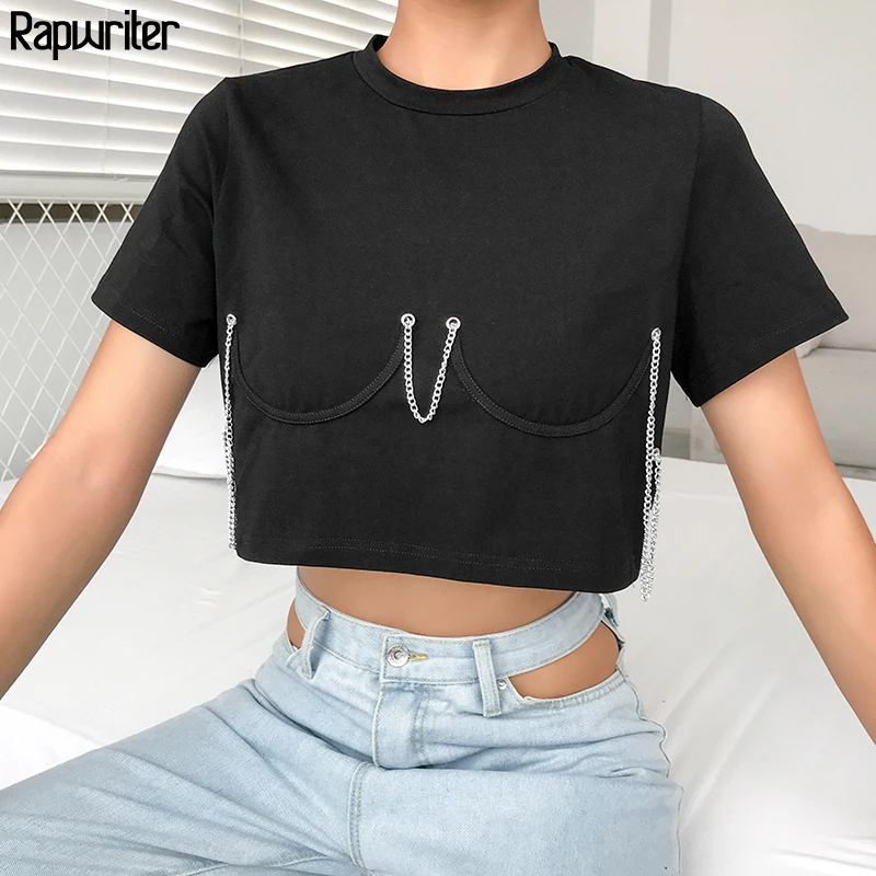 

Rapwriter Chain Patchwork Hole Loose Hem Cotton Black T-Shirt Women 2019 Summer Hot O-Neck Short Sleeve Basic Short Tee Tops