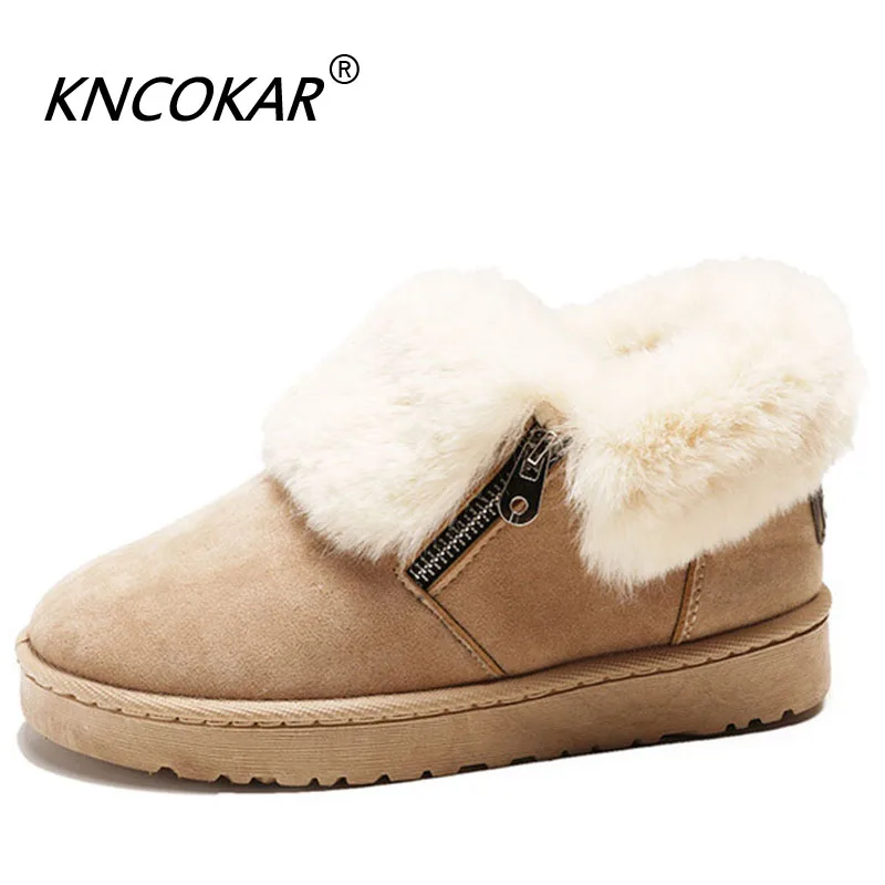 

KNCOKAR New Style In Winter Flat Bottom Non-Slip Keep Warm Snow Boots Low Help Zipper Round Head Pure Color Female Boots