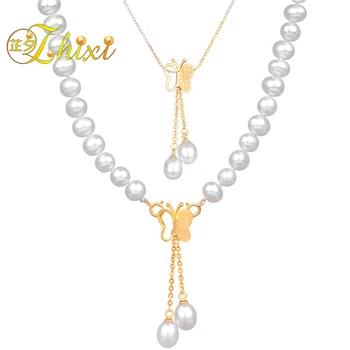 

[ZHIXI] Freshwater Pearl Necklace Fine Jewelry White Real Pearl Necklace Near Round 7-8mm 45cm Anniversary Gift For Women X118
